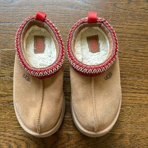 UGG Kids Tan Slippers with Red Trim